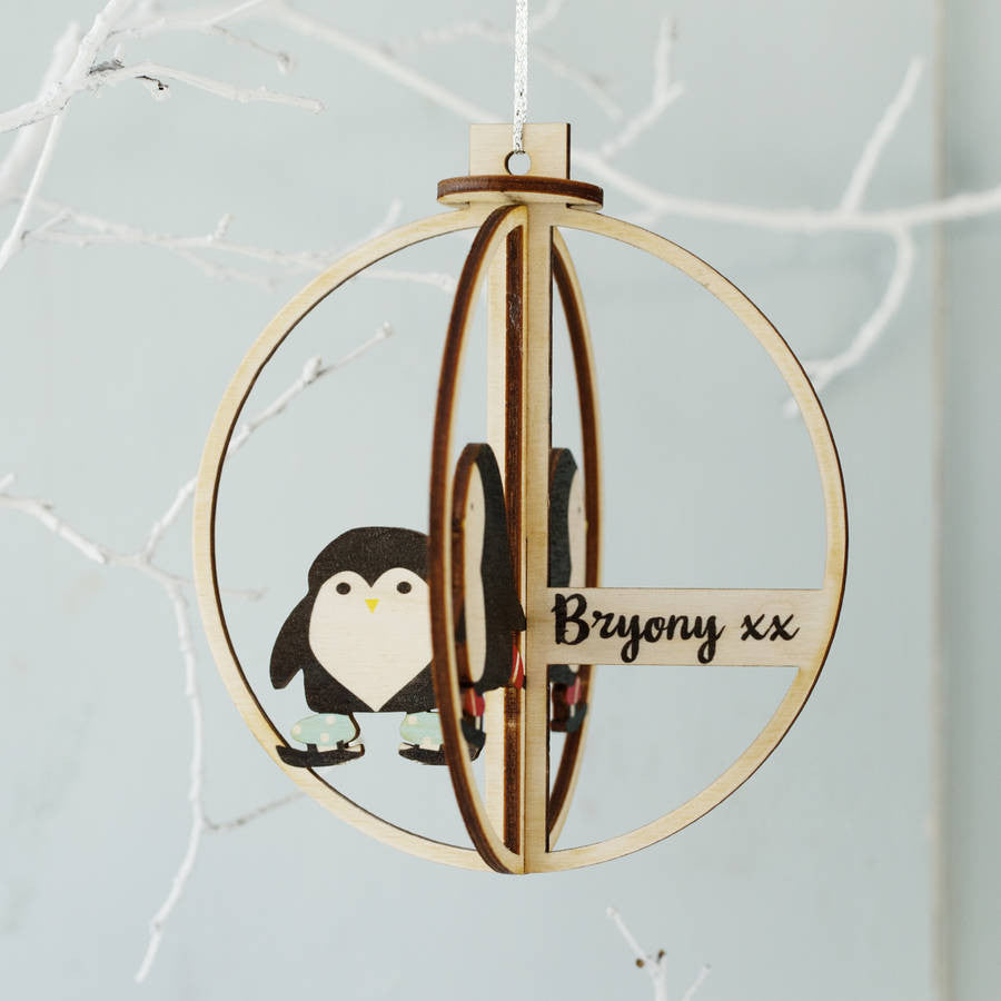 Skating Penguins Personalised 3D Wooden Bauble
