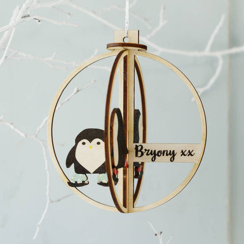 Skating Penguins Personalised 3D Wooden Bauble