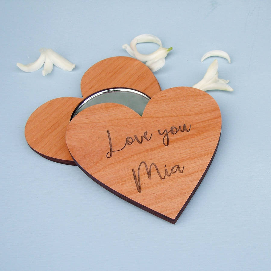 Wooden Heart Handbag Mirror